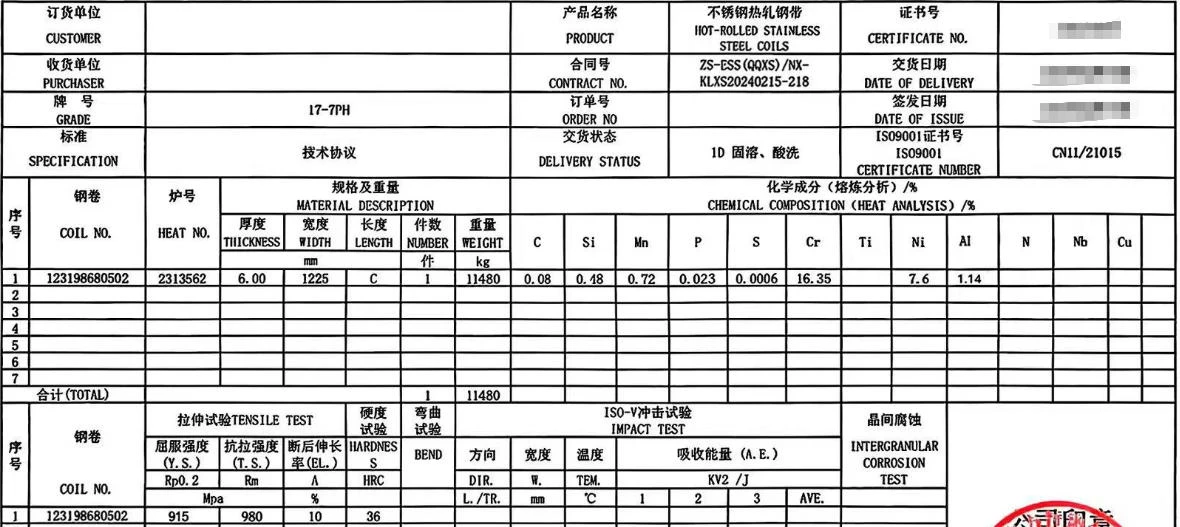 17-7ph Stainless Steel Material Test Certificates 17-7ph Stainless Steel Material Test Certificates